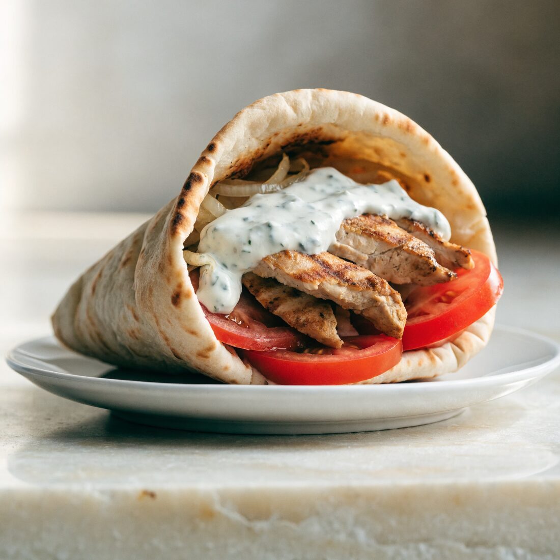 Strips of chicken gyro with tzatziki sauce, tomatoes, sauteed onions
